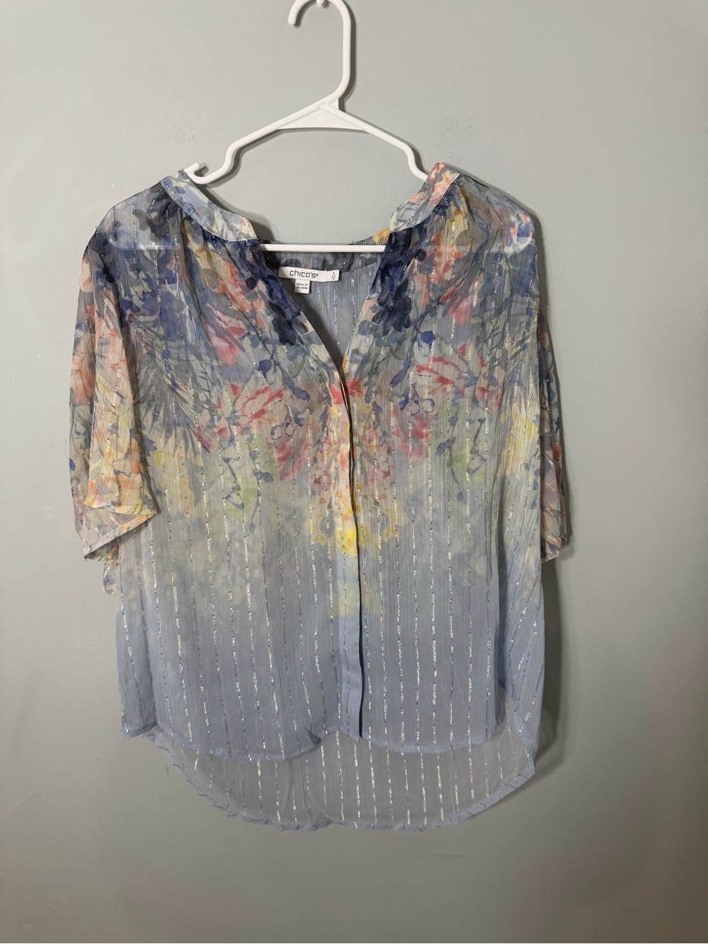 Chico's Light Blue Floral Sheer Button Blouse with Metallic Stripes